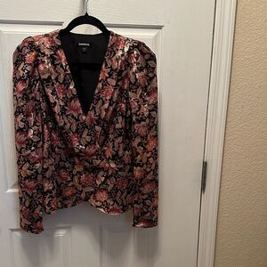 Express Women's Floral Blouse - Black, Tan & Rust floral pattern